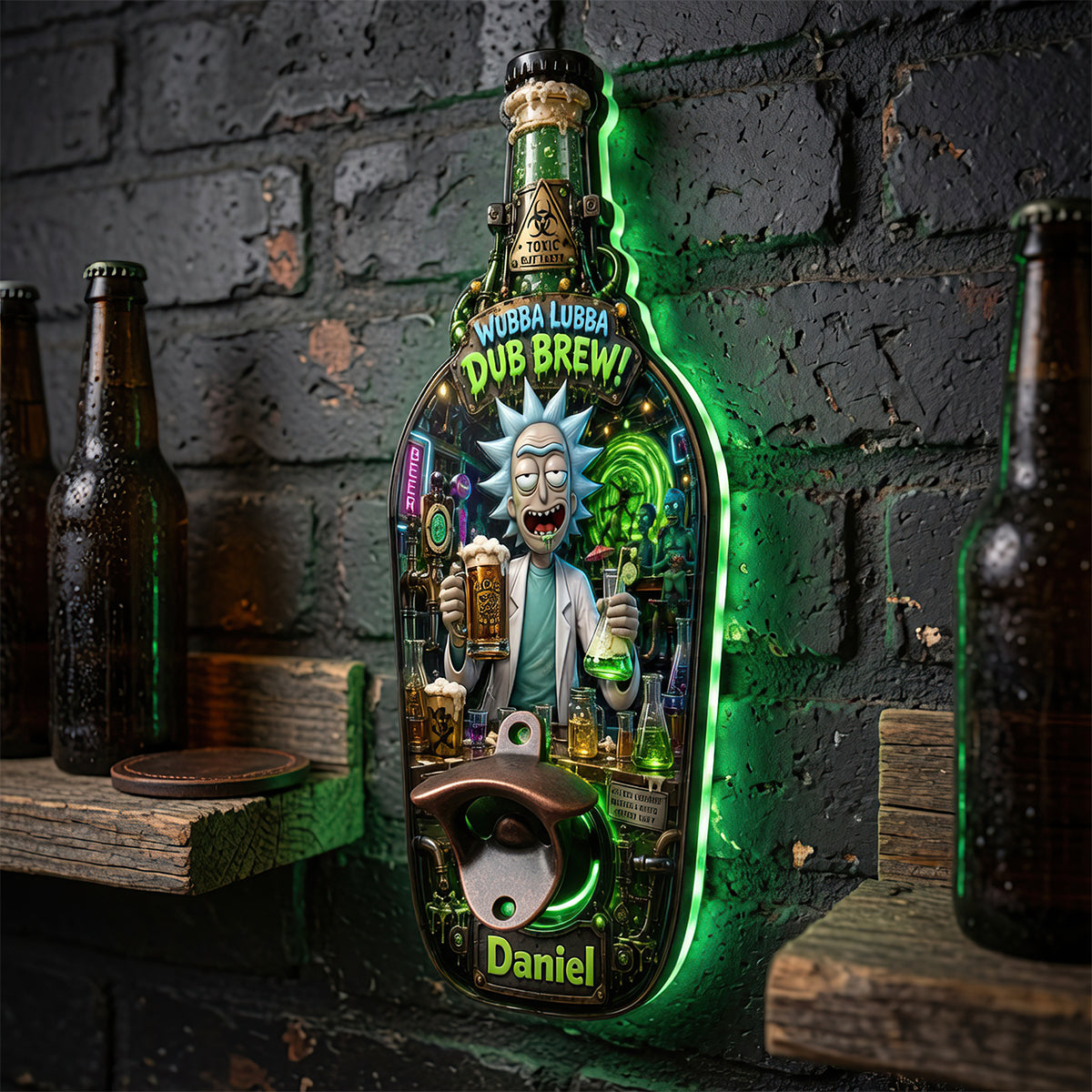 Wubba Lubba Dub Brew! - Personalized Crazy Scientist Wooden Wall Hanging Bottle Opener