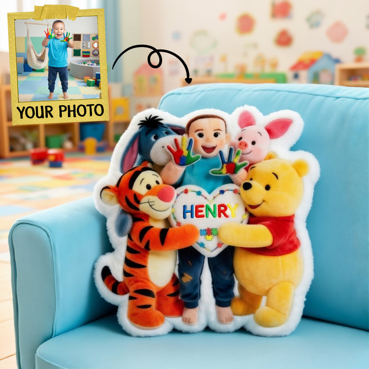 “Happiness is a hug from friends!” - Custom Photo Cute Friends Pillow, Perfect Personalized Gift for Kids with Autism Pillow PopCulturePrints