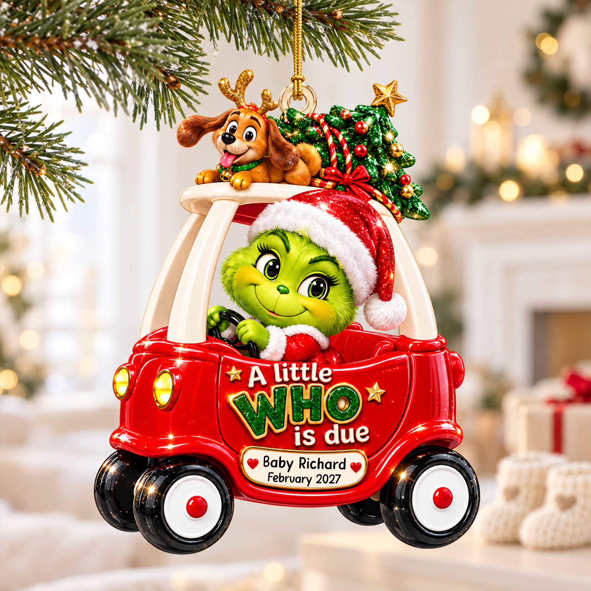 A Little WHO is Due - Personalized Baby On Car Ornament for Expecting Parents