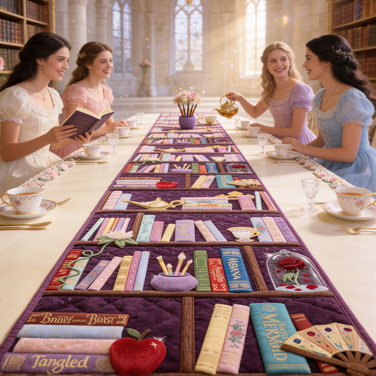 “Dive into a World of Imagination!” Magical Bookshelf Quilted Table Runner - Personalized Gift for Book Lovers