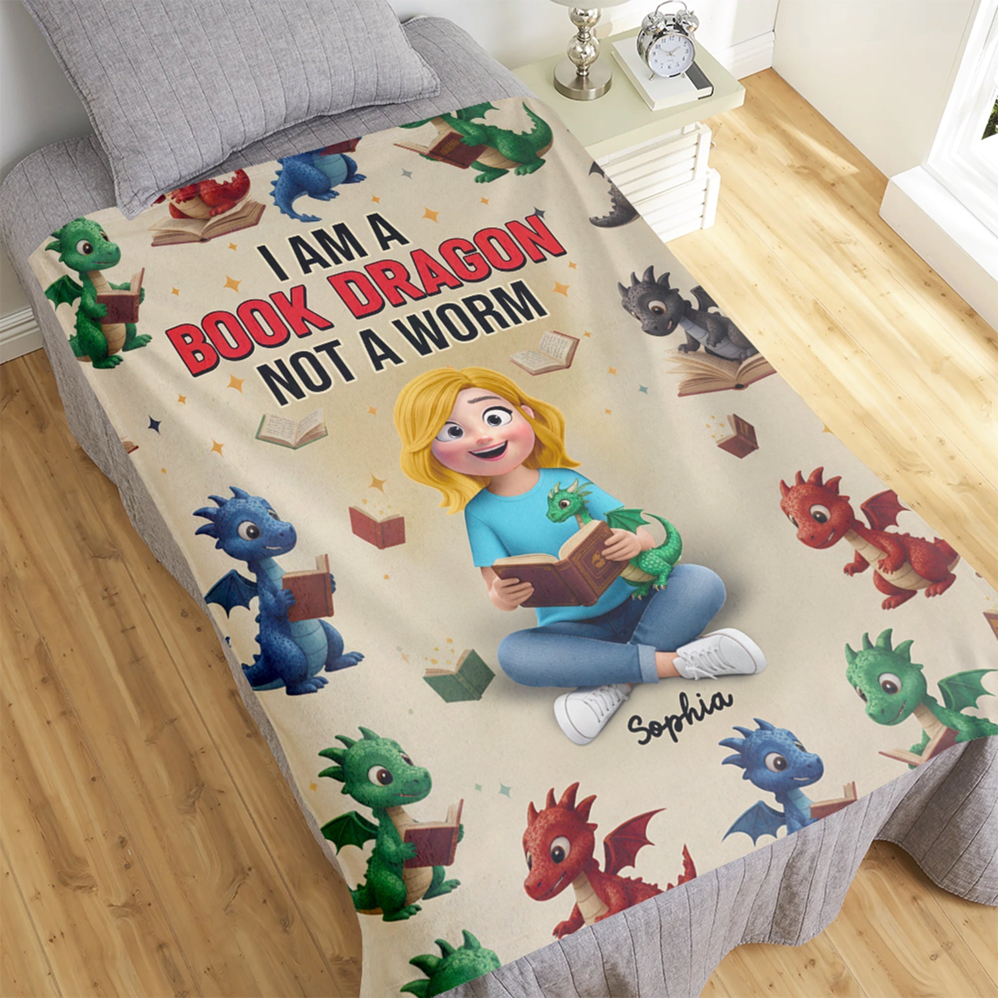 "I Am A Book Dragon, Not A Worm" - Cozy Book Dragon Blanket - Personalized Gift For Book Lovers Blanket PopCulturePrints