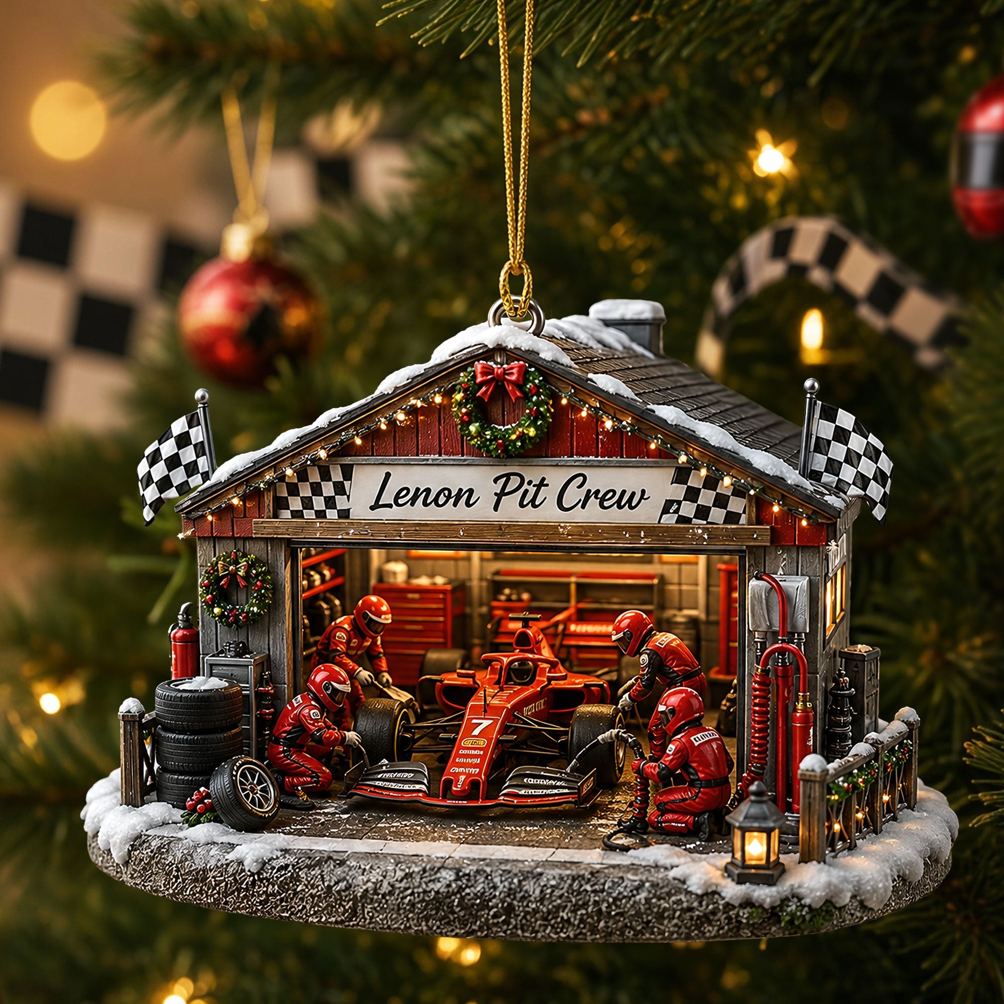 “Rev Up Your Holidays” – Festive Pit Crew Ornament – Personalized Christmas Gift for Racing Fans