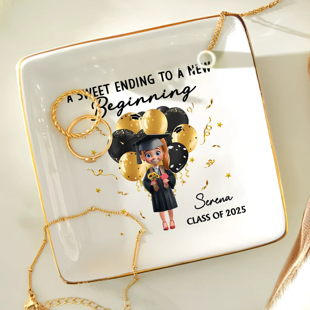 A Sweet Ending To A New Beginning - Personalized Graduation Ring Dish Ring Dish PopCulturePrints