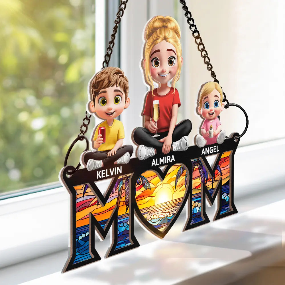 "We Love You Mom" - Personalized 3D Cartoon Window Hanging Suncatcher Ornament - Perfect Gift for Mom and Grandma Suncatcher Ornament PopCulturePrints