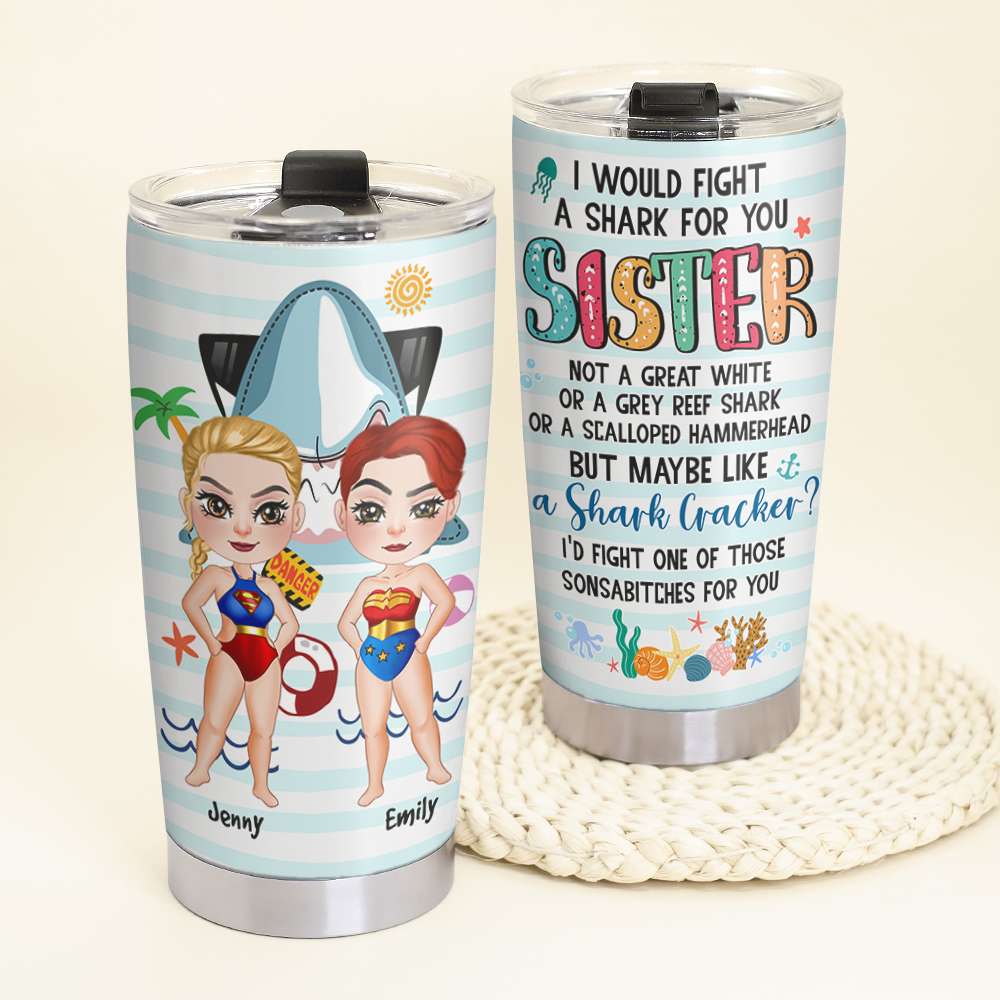 Personalized Beach Bestie Tumbler - Fight a Shark for You Design Tumbler Cup PopCulturePrints