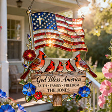 Load image into Gallery viewer, “God Bless America” - Personalized Peaceful Cardinal Family Suncatcher - Unique Gift for Family and Friends Ornament PopCulturePrints
