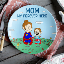 Load image into Gallery viewer, “Mom, Our Forever Hero” - Personalized Ceramic Round Plate - Unique Gift for Mom, Grandma &amp; Loved Ones Ceramic Round Plate PopCulturePrints

