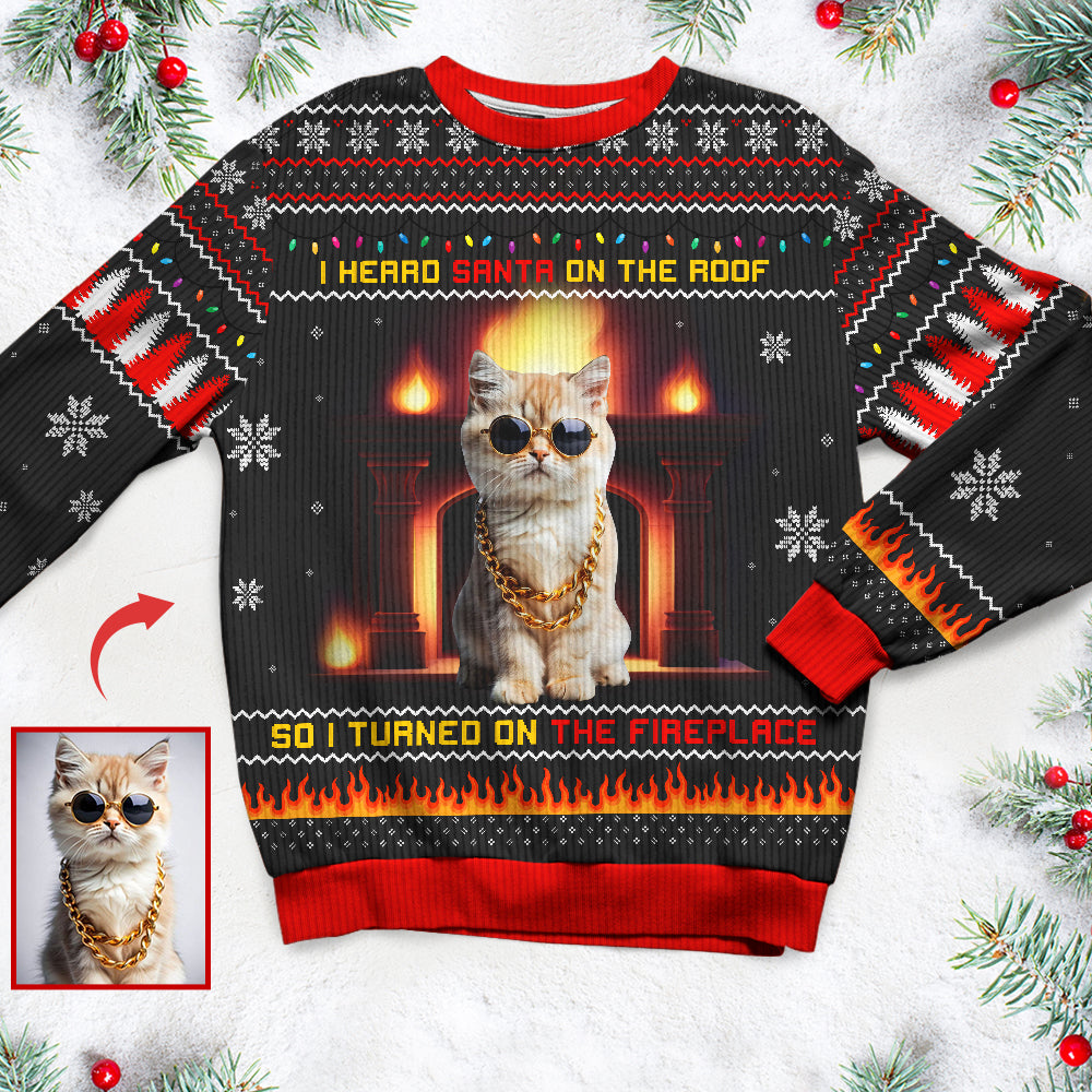 Custom Cat Christmas Sweater with Fireplace & LED Lights AOP Products PopCulturePrints