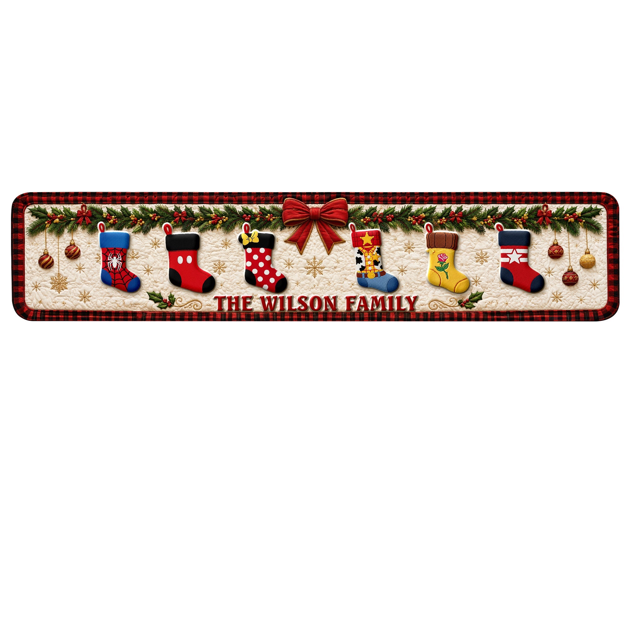 Season's Greetings: Personalized Holiday Stockings Quilted Table Runner - Custom Christmas Gift for Family & Friends Quilted Table Runner PopCulturePrints