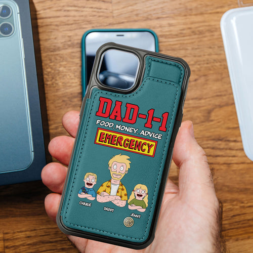 “Dad-1-1: Food, Money, Advice - Emergency!” - Personalized Dad Leather Flip Wallet Phone Case - Gift for Dad, Grandpa, and Special Occasions Phone Case PopCulturePrints