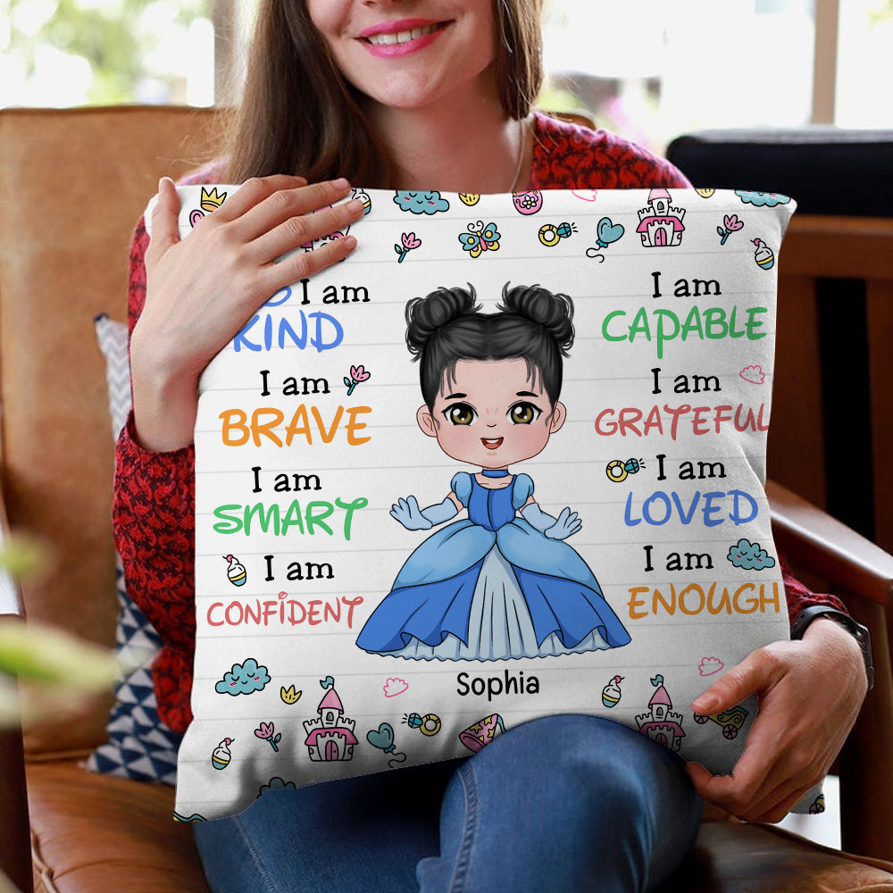 Personalized Princess Affirmation Pillow for Kids - I Am Kind & Brave Pillow PopCulturePrints
