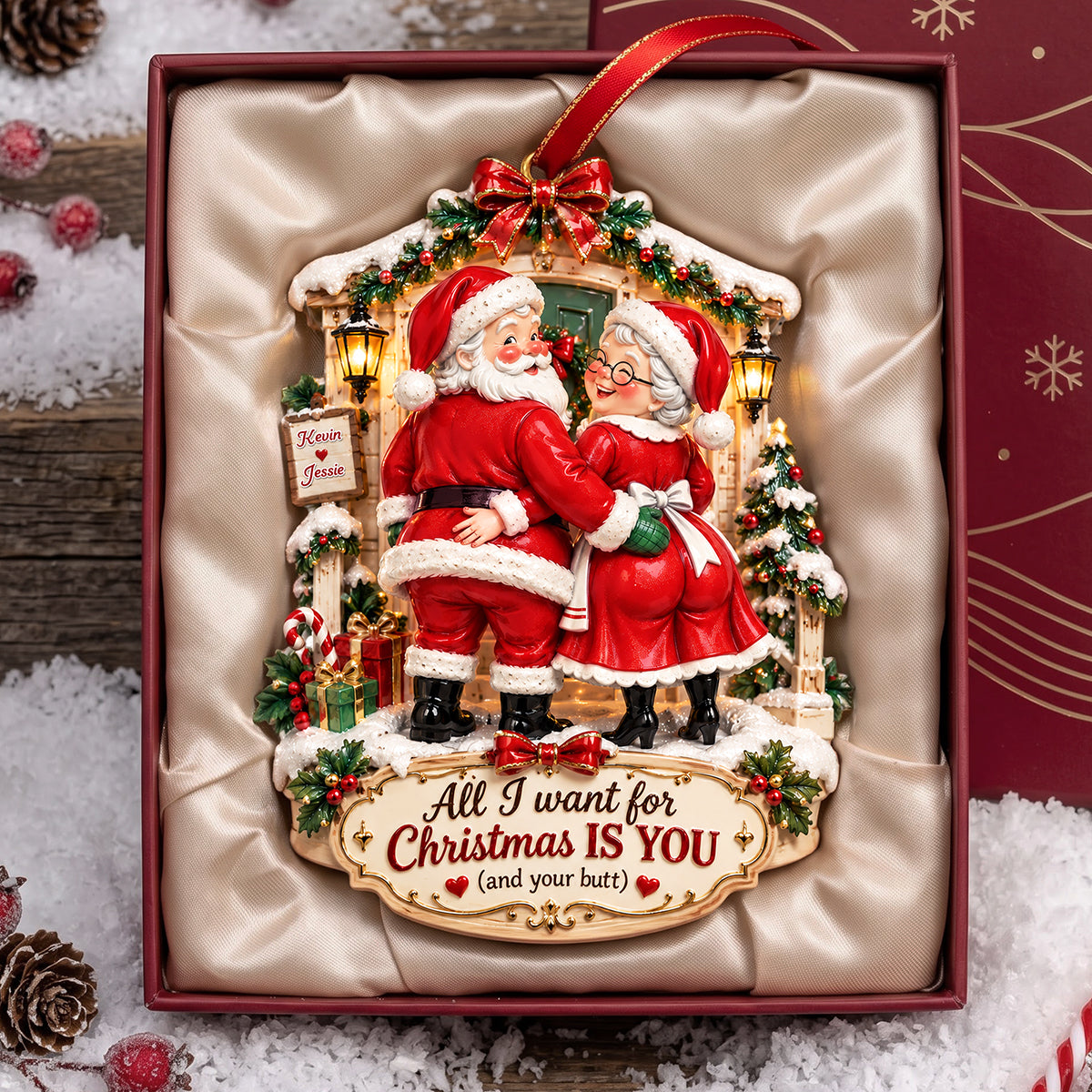 All I Want for Christmas is You - Personalized Blushy Touch Santa Couple Ornament Ornament PopCulturePrints