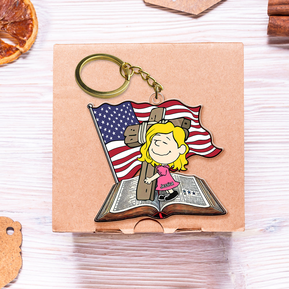 Customized Christian Keychain - Wooden Cross with Bible & American Flag Keychains PopCulturePrints