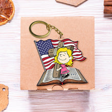 Load image into Gallery viewer, Customized Christian Keychain - Wooden Cross with Bible &amp; American Flag Keychains PopCulturePrints
