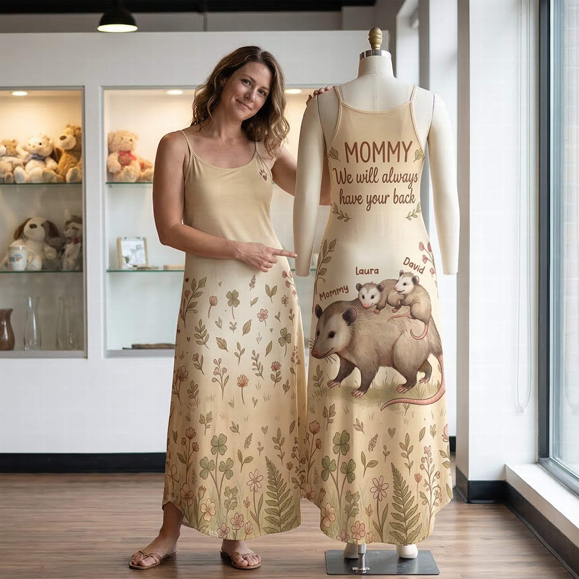 Mommy, We Will Always Have Your Back - Cute Opossum Mom Suspender Maxi Dress | Personalized Mother's Day Gift Dress PopCulturePrints