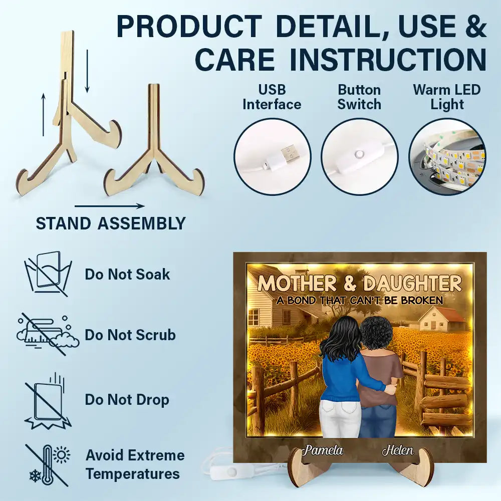 Mother & Daughter: A Bond That Can't Be Broken - Personalized LED Light Wooden Plaque LED Light Wooden Plaque PopCulturePrints