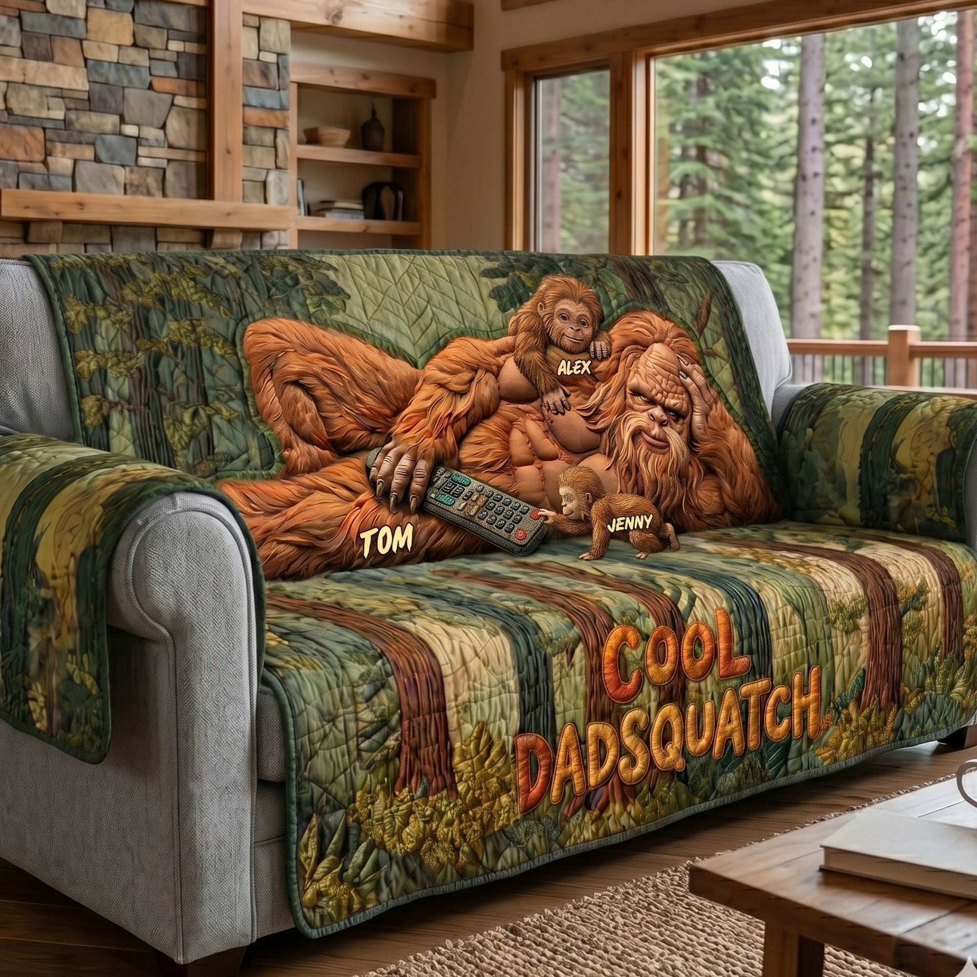 “Cool Dadsquatch” - Personalized Fun Sasquatch Dad Resting Quilted Sofa Cover - Perfect Gift for Dads, Moms, and Grandmas! Sofa Cover PopCulturePrints