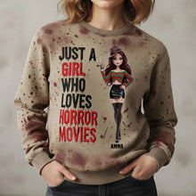 Load image into Gallery viewer, Just a Girl Who Loves Horror Movies Sweatshirt - Personalized Gift for Halloween Fans AOP Products PopCulturePrints
