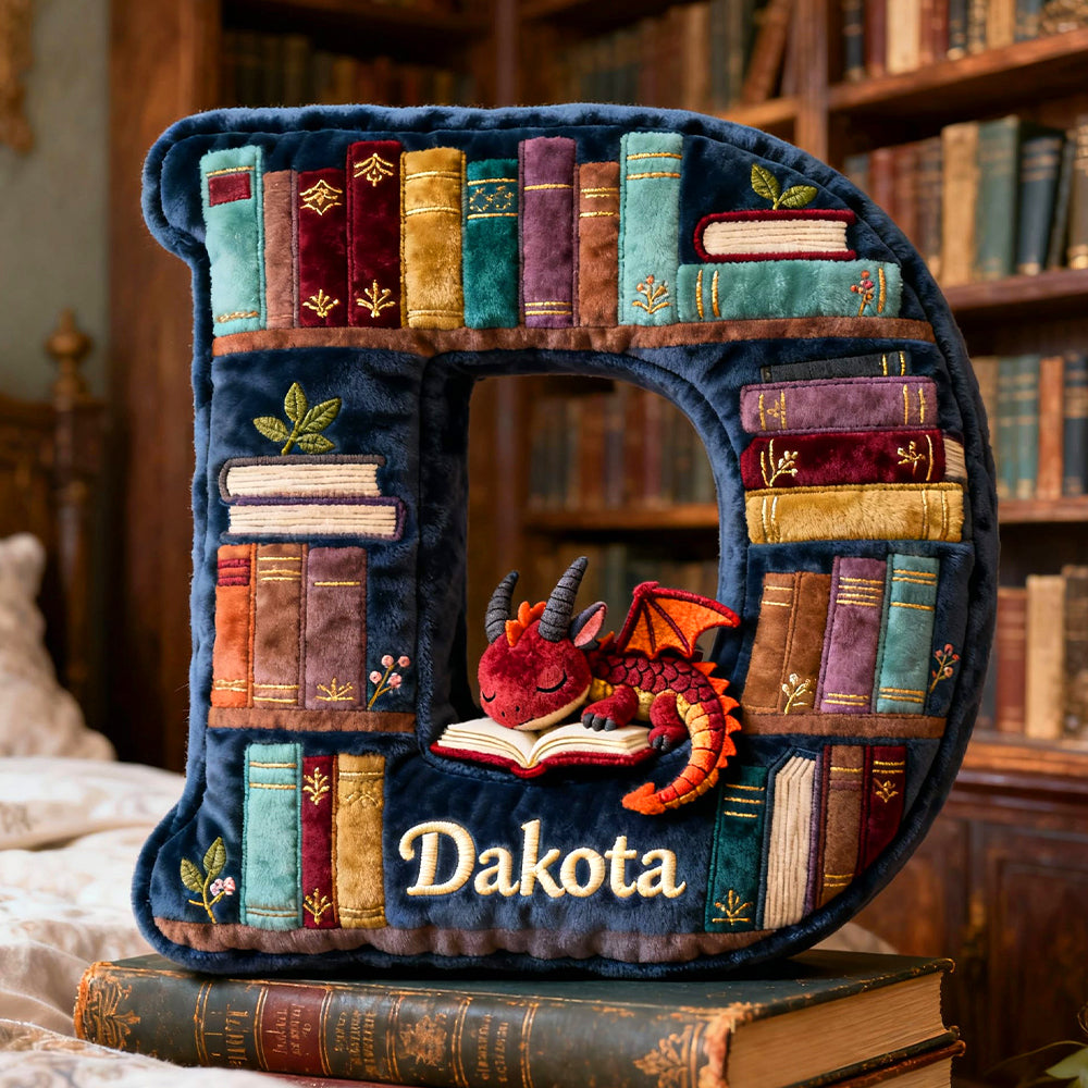 "A bookish delight for every reader!" - Personalized Book Dragon Alphabet Initial Letters Pillow - A Perfect Gift for Book Lovers Pillow PopCulturePrints