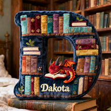 Load image into Gallery viewer, "A bookish delight for every reader!" - Personalized Book Dragon Alphabet Initial Letters Pillow - A Perfect Gift for Book Lovers Pillow PopCulturePrints
