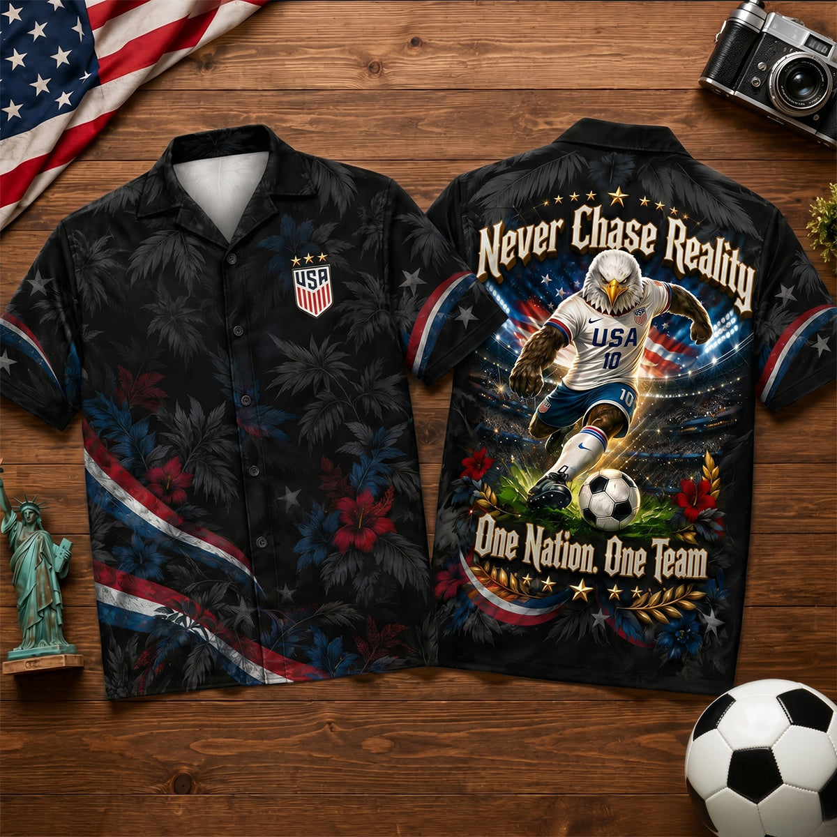 “Never Chase Reality, One Nation, One Team!” - Proud American Hawaiian Shirt – Personalized Gift for Sport Lovers Hawaiian Shirts PopCulturePrints