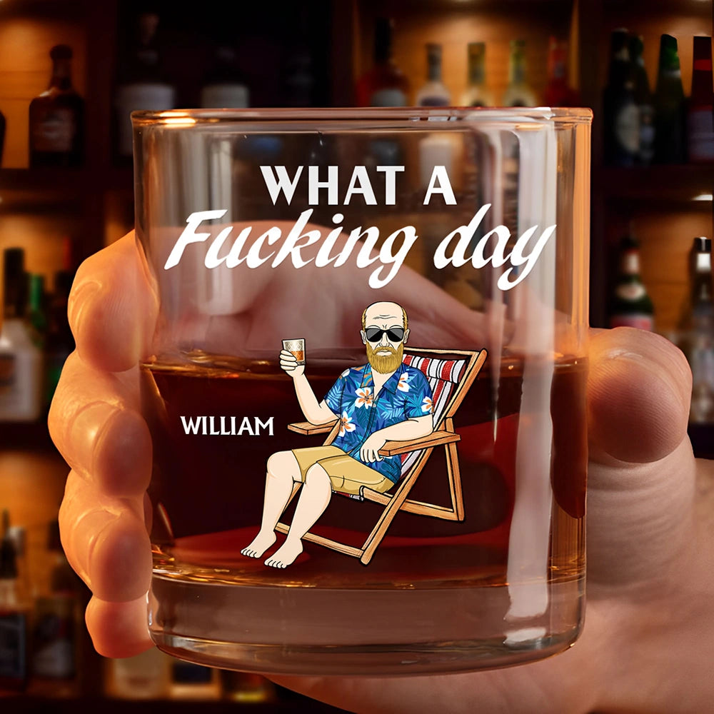 What A Day! Funny Personalized Whiskey Glass - Custom Gift for Friends, Fathers, and Groomsmen Whiskey Glass PopCulturePrints