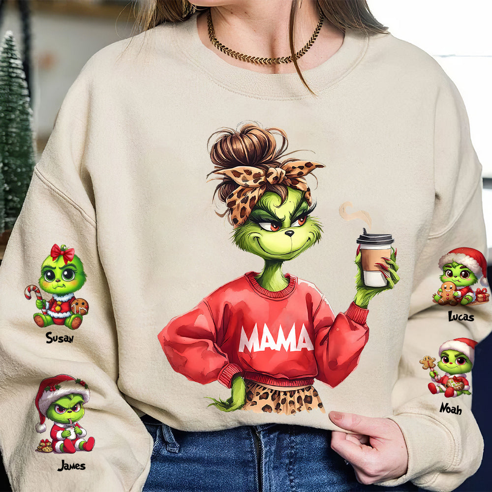 Personalized Grinch Christmas Hoodie for Moms - Custom Names & Festive Design AOP Products PopCulturePrints