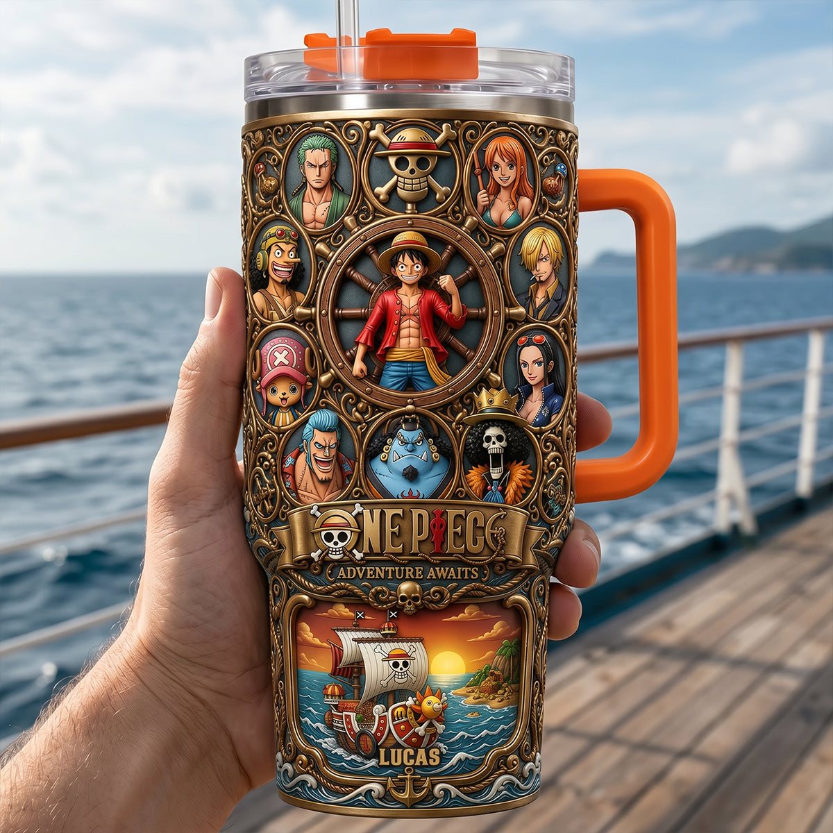 Adventure Awaits Tumbler With Handle - Personalized Gifts for Anime Lovers