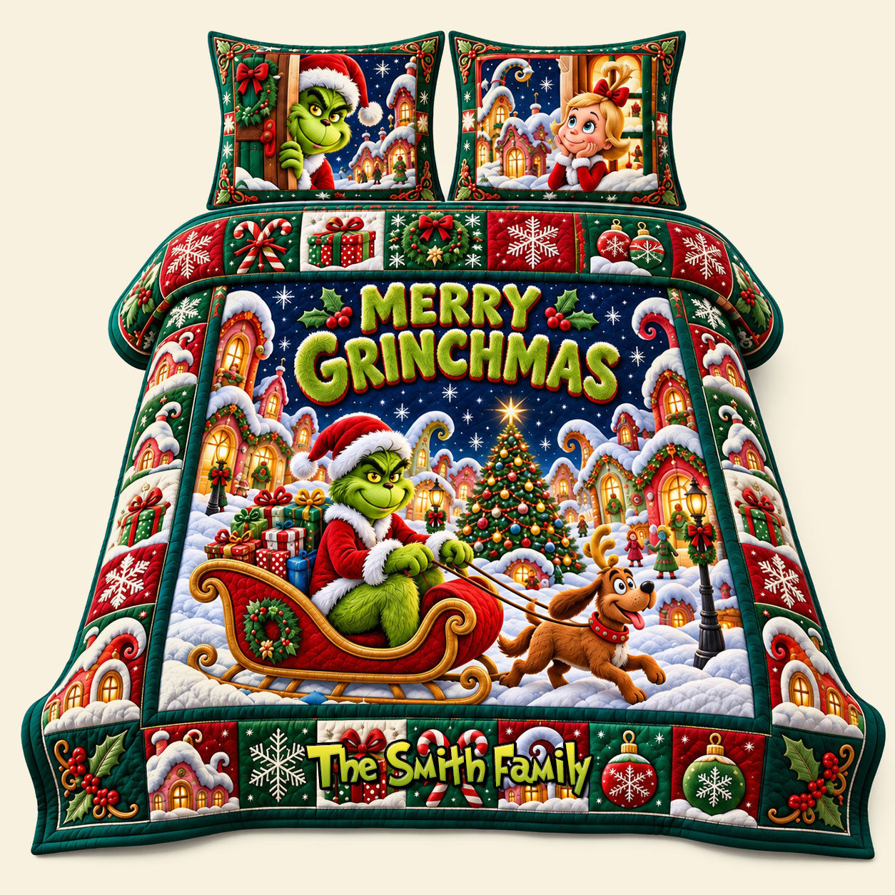 "Bring Joy and Festivity with the Grinch - Personalized Quilt Bedding Set for Christmas Gifts"