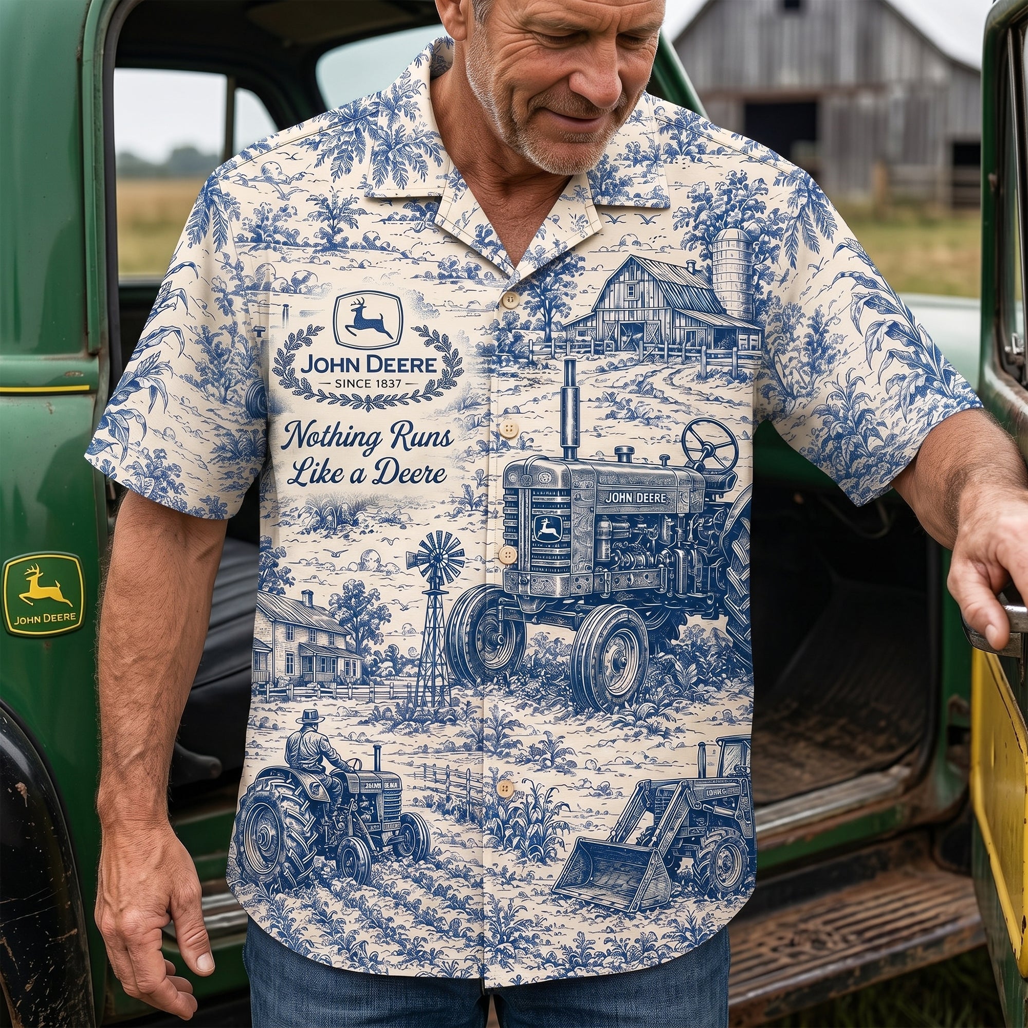 Nothing Runs Like a Deere - Farm Life Toile de Jouy Hawaiian Shirt - Personalized Gifts for Farmers