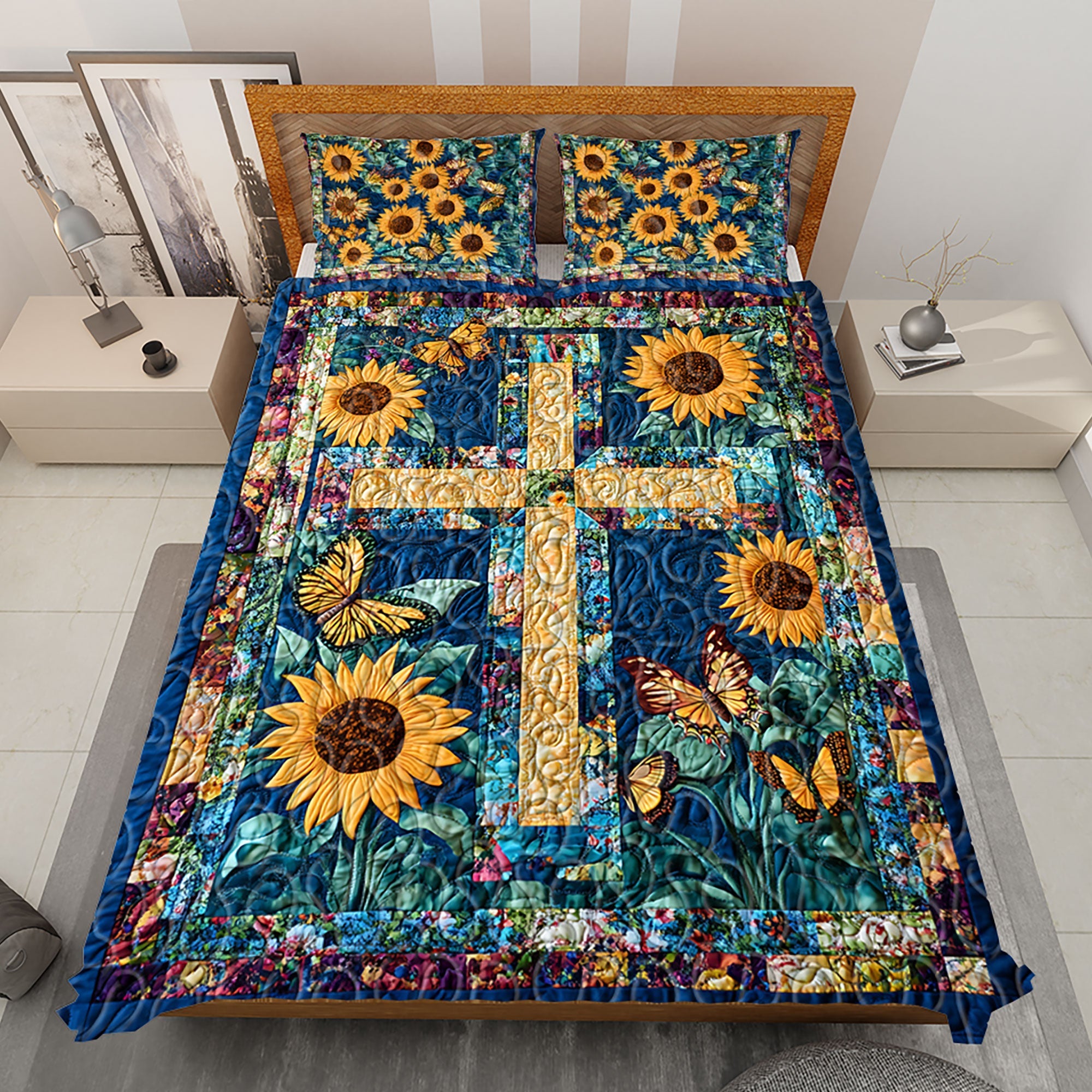 Sunflower Cross Quilt Bedding Set - Perfect Christmas Gift Blanket PopCulturePrints