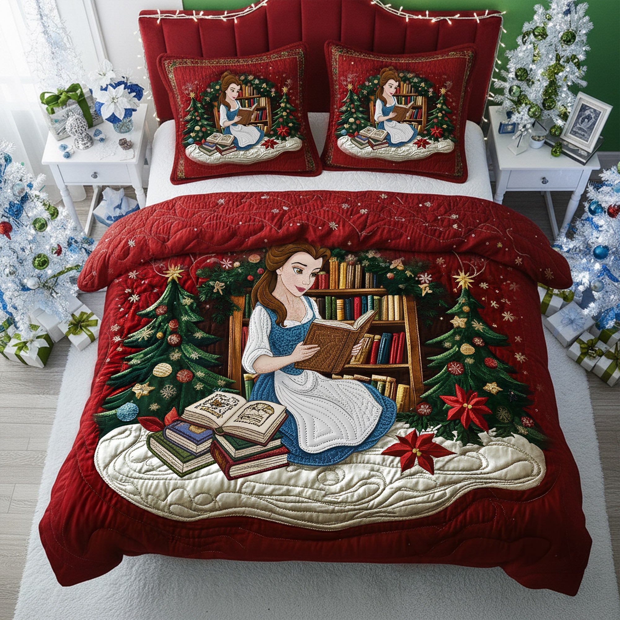 “Escape into a World of Stories” - Holiday Reading Nook Quilt Set - Personalized Christmas Gift for Book Lovers Bedding Set PopCulturePrints