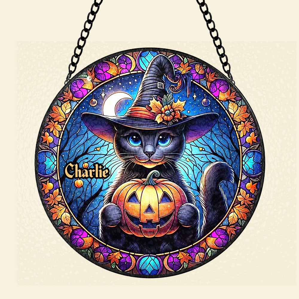 Personalized Black Cat Witch Stained Glass Suncatcher