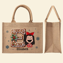 Load image into Gallery viewer, Personalized Christmas Jute Tote Bag for Kids - Alphabet Design Jute Tote Bag PopCulturePrints
