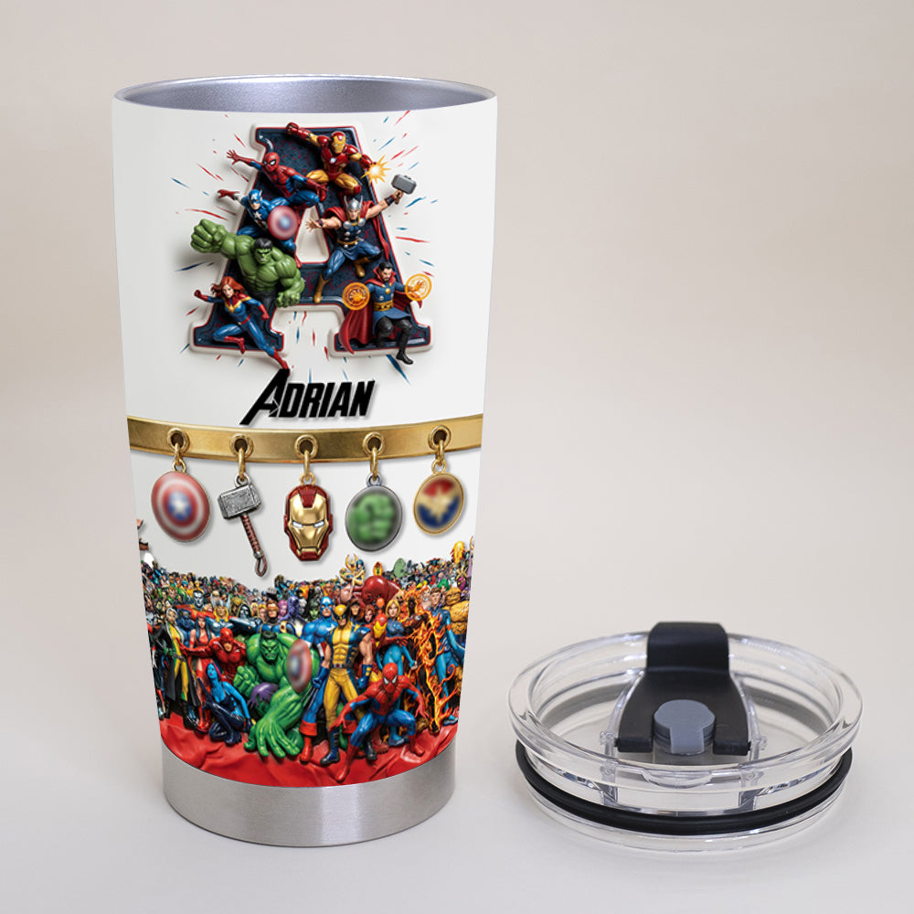 Fearless Guardians Alphabet Initial Letters Tumbler - Personalized Gift for Superhero Fans Tumbler Cup PopCulturePrints