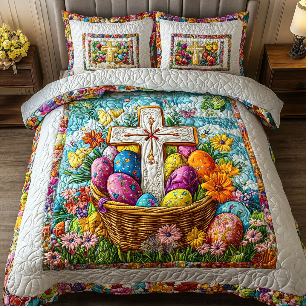 Joyful Easter Eggs with Cross Quilt Bed Set - Meaningful Christian Gift Blanket PopCulturePrints