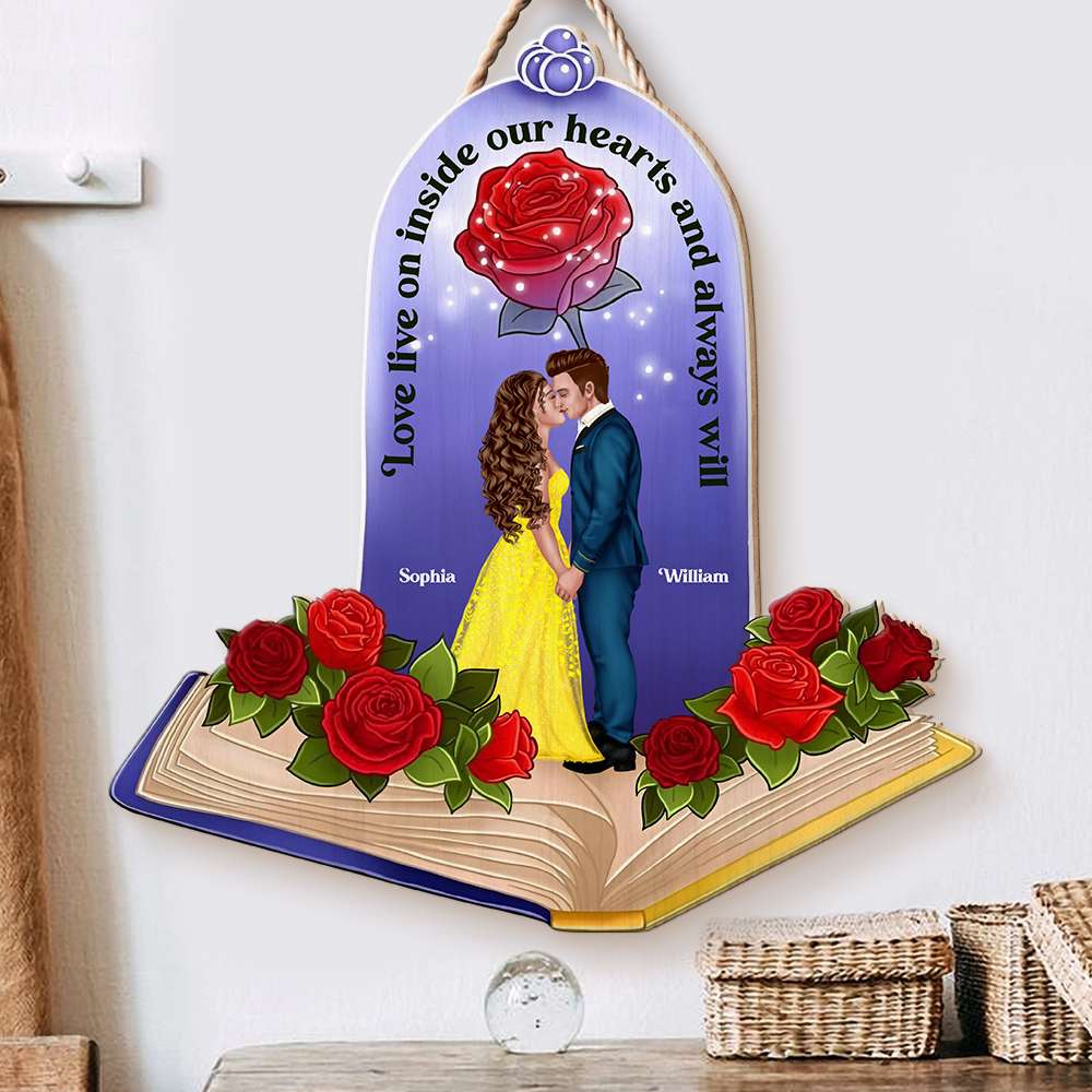 Personalized Romantic Wooden Sign for Couples - Love Lives On in Our Hearts Wood Sign PopCulturePrints