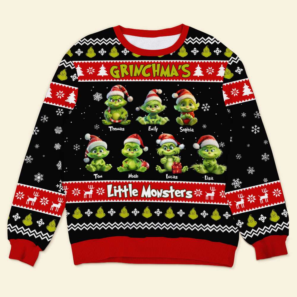 Custom Ugly Sweater for Grandma with Little Green Monsters