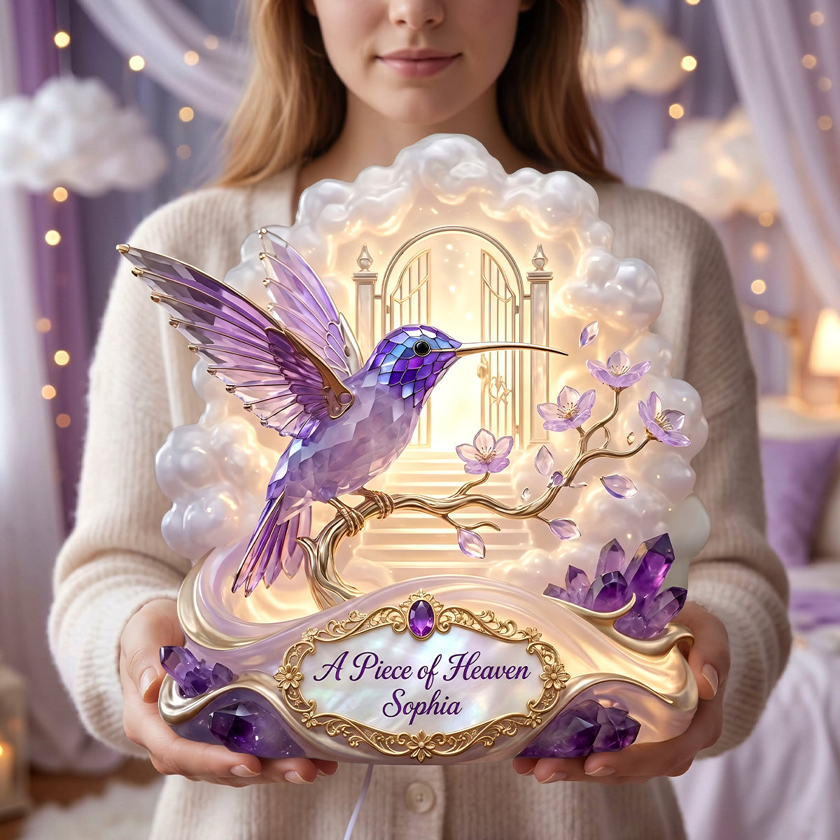 A Piece of Heaven - Personalized Memorial Hummingbird Acrylic Light Box