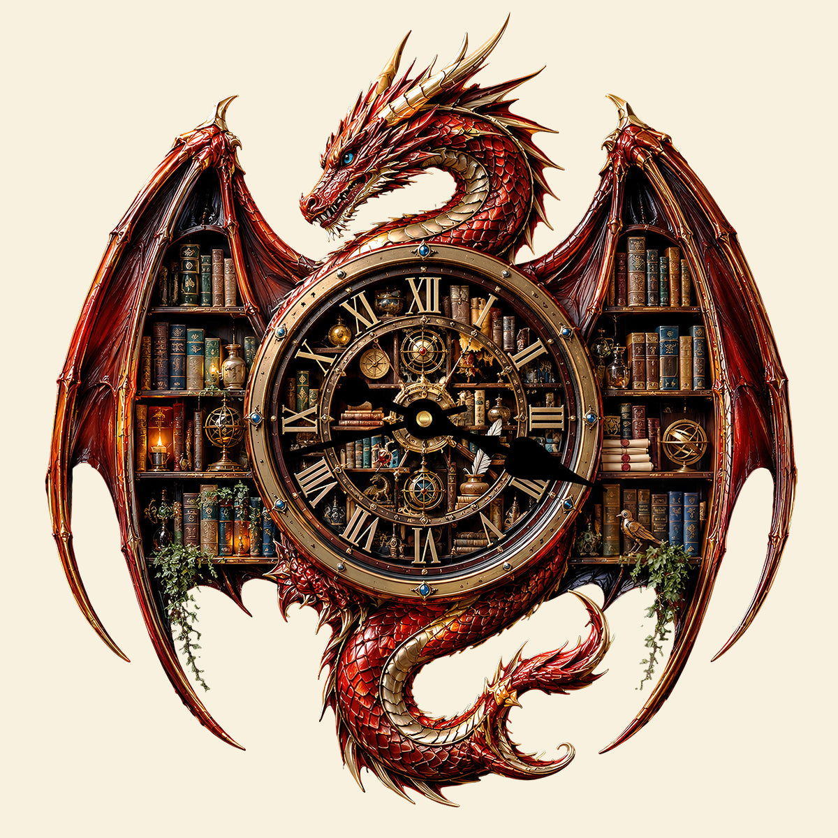 “Time is the essence of knowledge” - Vintage Dragon Bookstore Wall Hanging Clock, Personalized Gift for Book Lovers Hanging Wall Clock PopCulturePrints