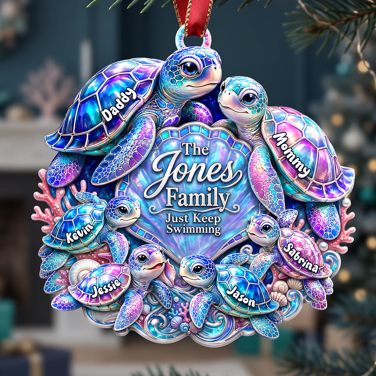 Just Keep Swimming - Personalized Turtle Family Ornament for Christmas