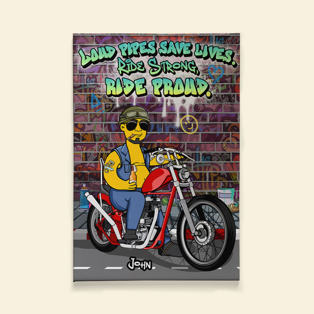 Personalized Cartoon Biker Canvas - Loud Pipes Save Lives Poster & Canvas PopCulturePrints