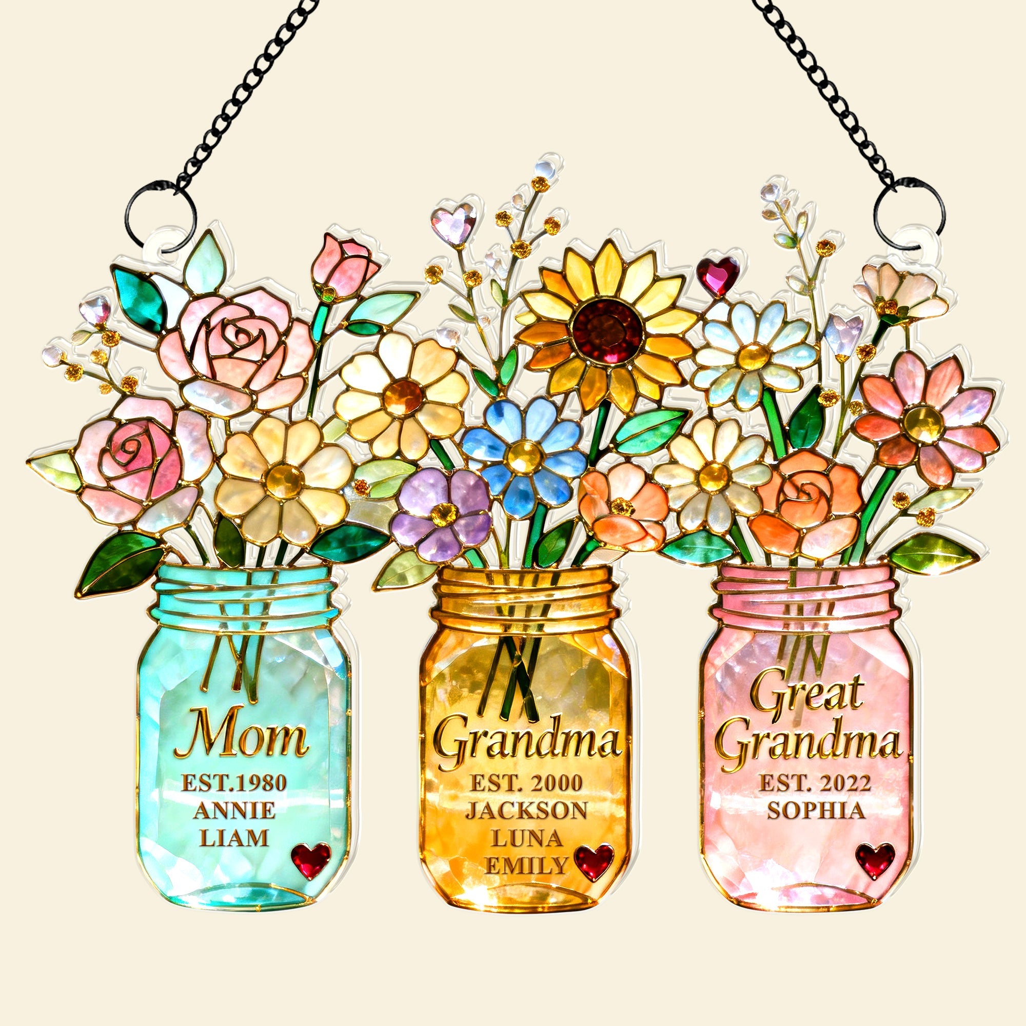 "A Blooming Love for Mom & Grandma" - Personalized Flower Suncatcher Ornament - Gift for Mom, Grandma, and Great Grandma Ornament PopCulturePrints