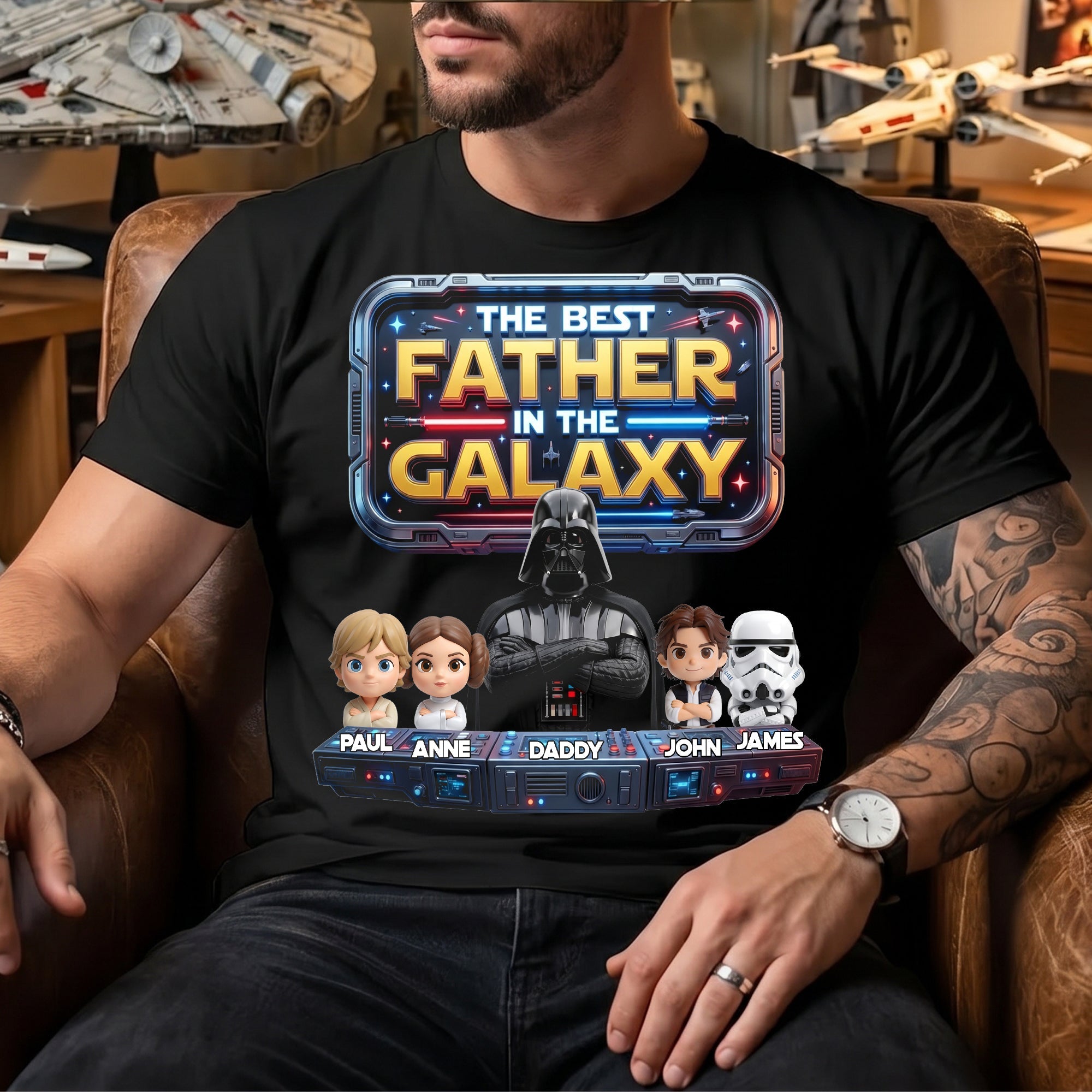 The Best Father in the Galaxy - Personalized Future Warrior Dad Shirt | Unique Gift for Dads and Grandpas Shirts PopCulturePrints