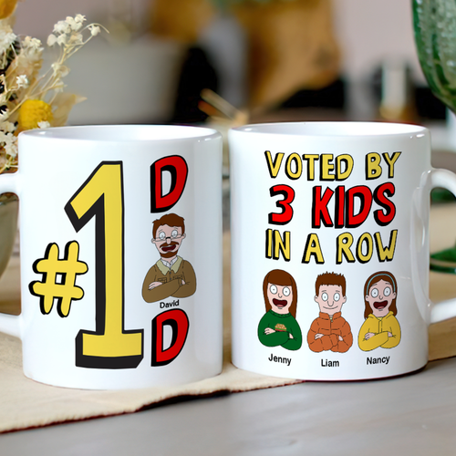 #1 Dad Coffee Mug - Voted by 3 Kids in a Row - Personalized Gift for Dads Coffee Mug PopCulturePrints