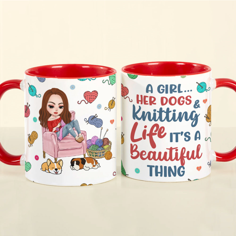 Personalized Knitting Lover Mug with Woman and Dogs Illustration