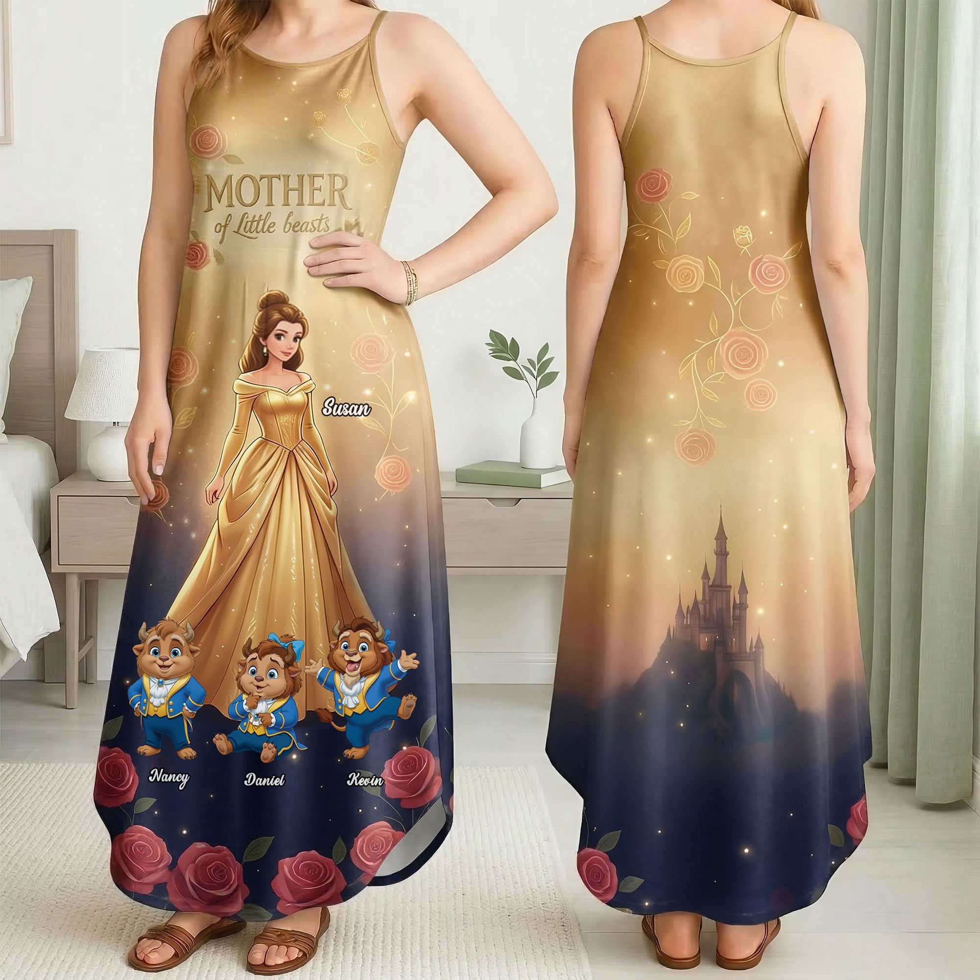 “Embrace the Magic of Motherhood” - Enchanted Rose Suspender Maxi Dress - Personalized Gift for Moms, Grandmas, and Special Women Dress PopCulturePrints
