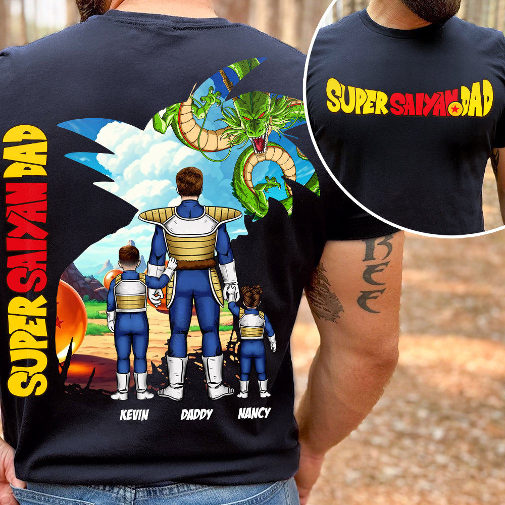 “Super Dad, Unleash Your Inner Hero” - Personalized Super Saiyan Dad Shirt - Gift for Dad, Grandpa, Father Figures Shirts PopCulturePrints