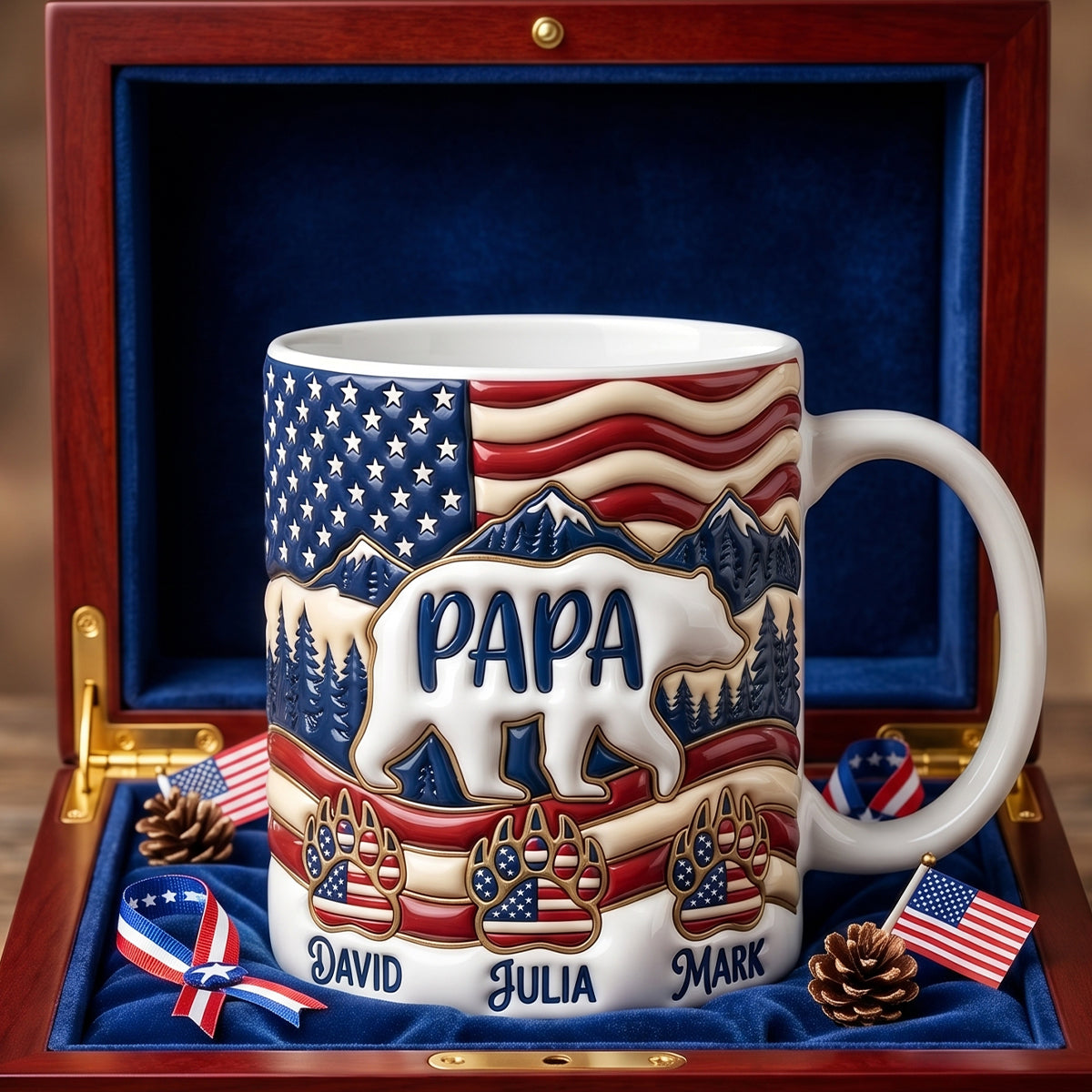 “Celebrate Your Patriotic Spirit!” - Personalized Patriotic Papa Bear Coffee Mug - Perfect Gift for Dads and Grandpas Coffee Mug PopCulturePrints