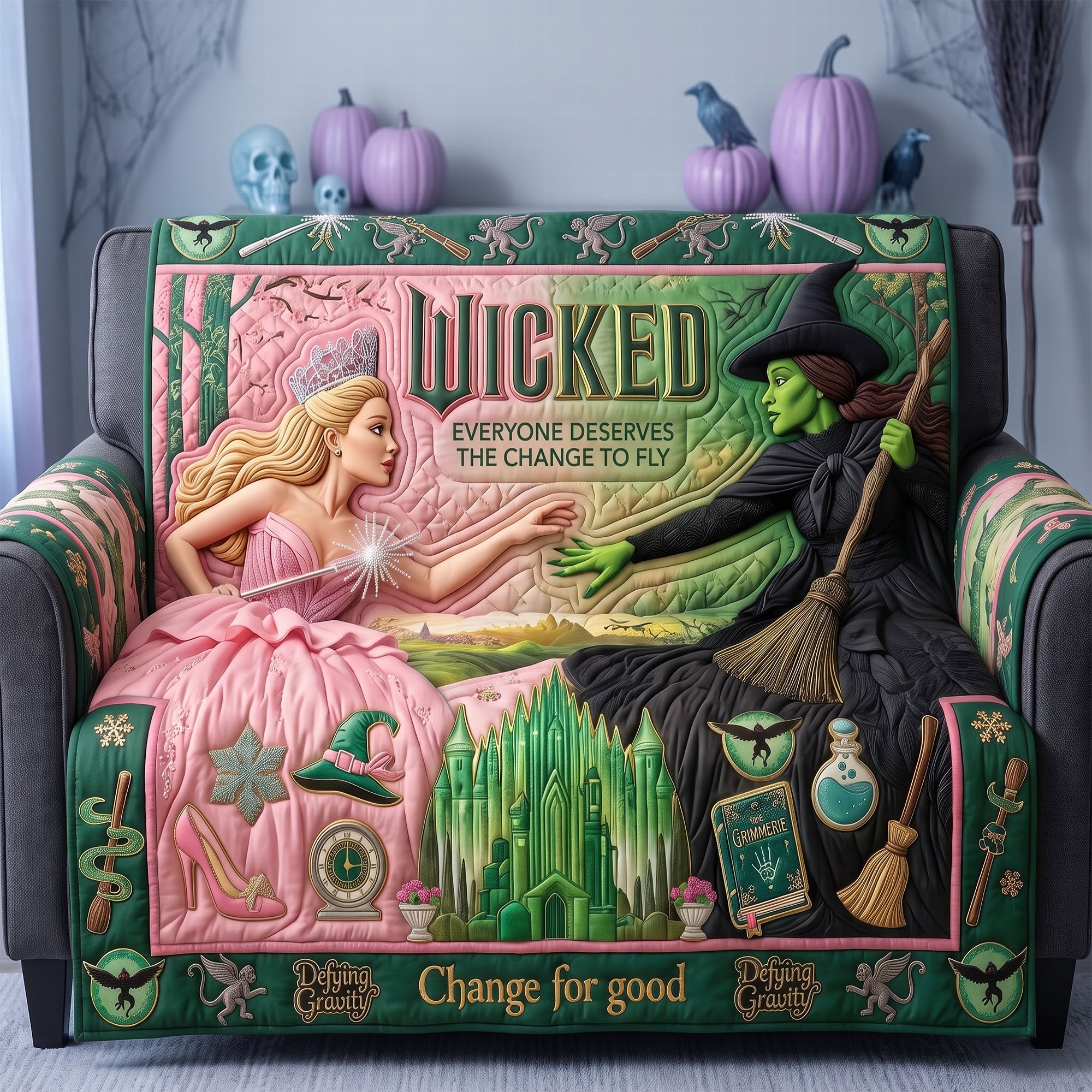 Wicked Quote: 'Everyone Deserves The Change To Fly' - Pink & Green Quilted Sofa Cover - Personalized Gift for Witch Lovers